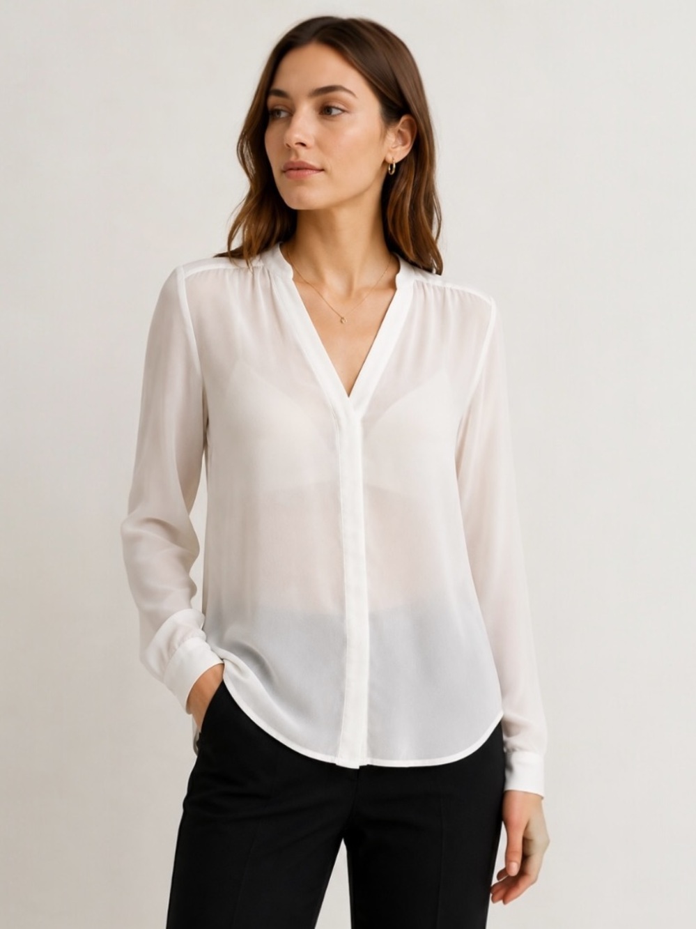 White Sheer Button Front Blouse Size L